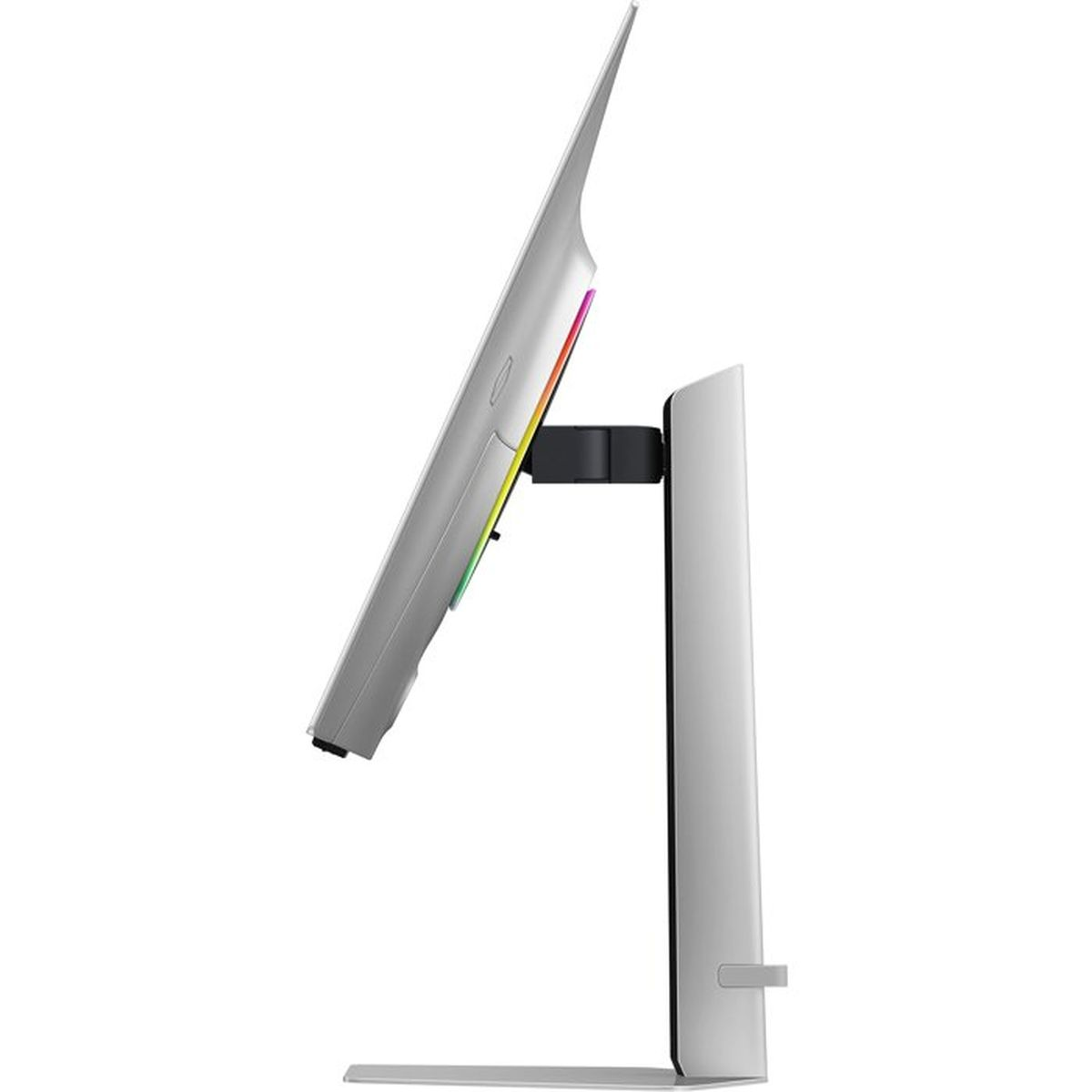 Srebrny monitor z oświetleniem RGB, na stojaku, widziany z boku.