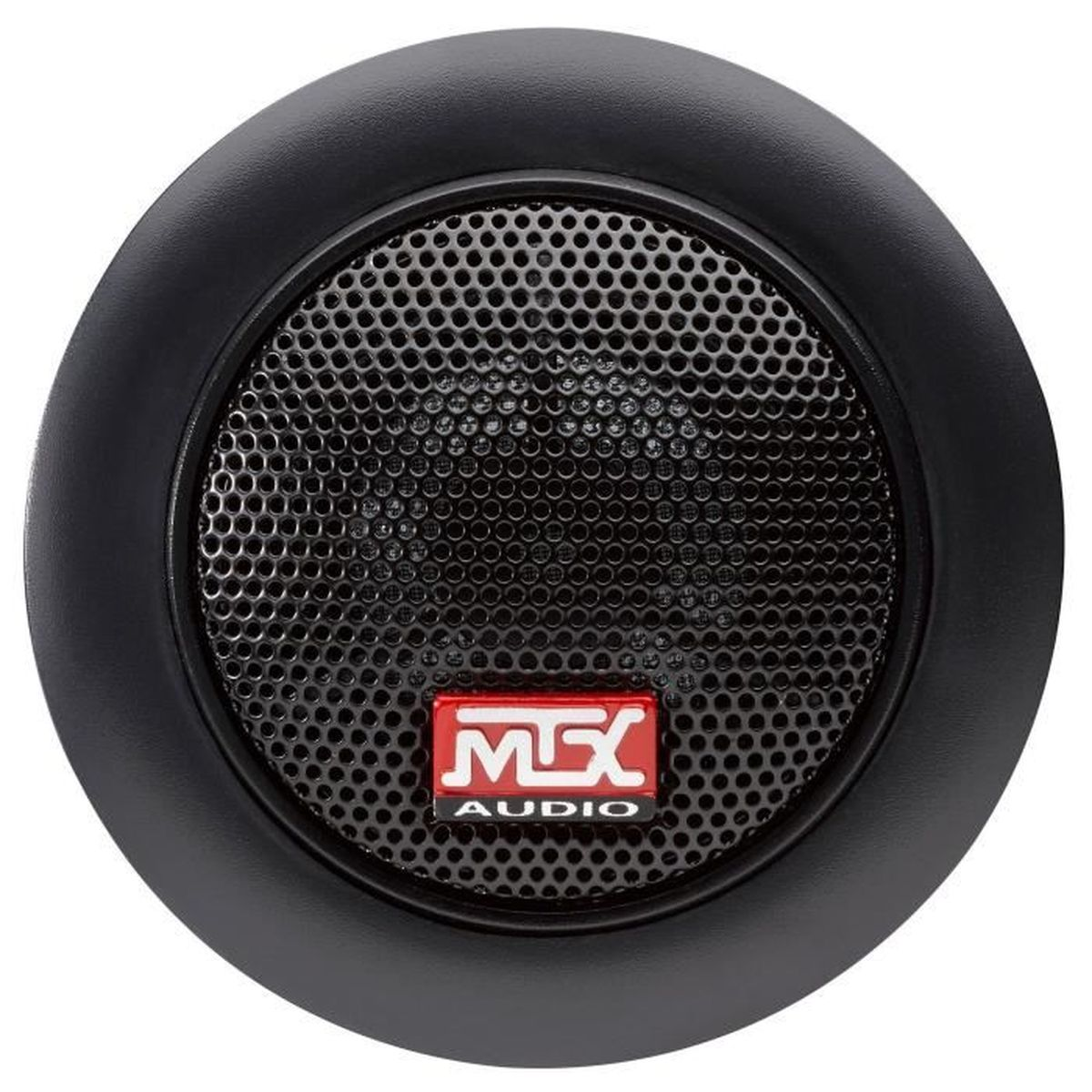 Ein schwarzer MTX Audio Lautsprecher mit Gitter und rotem Logo.