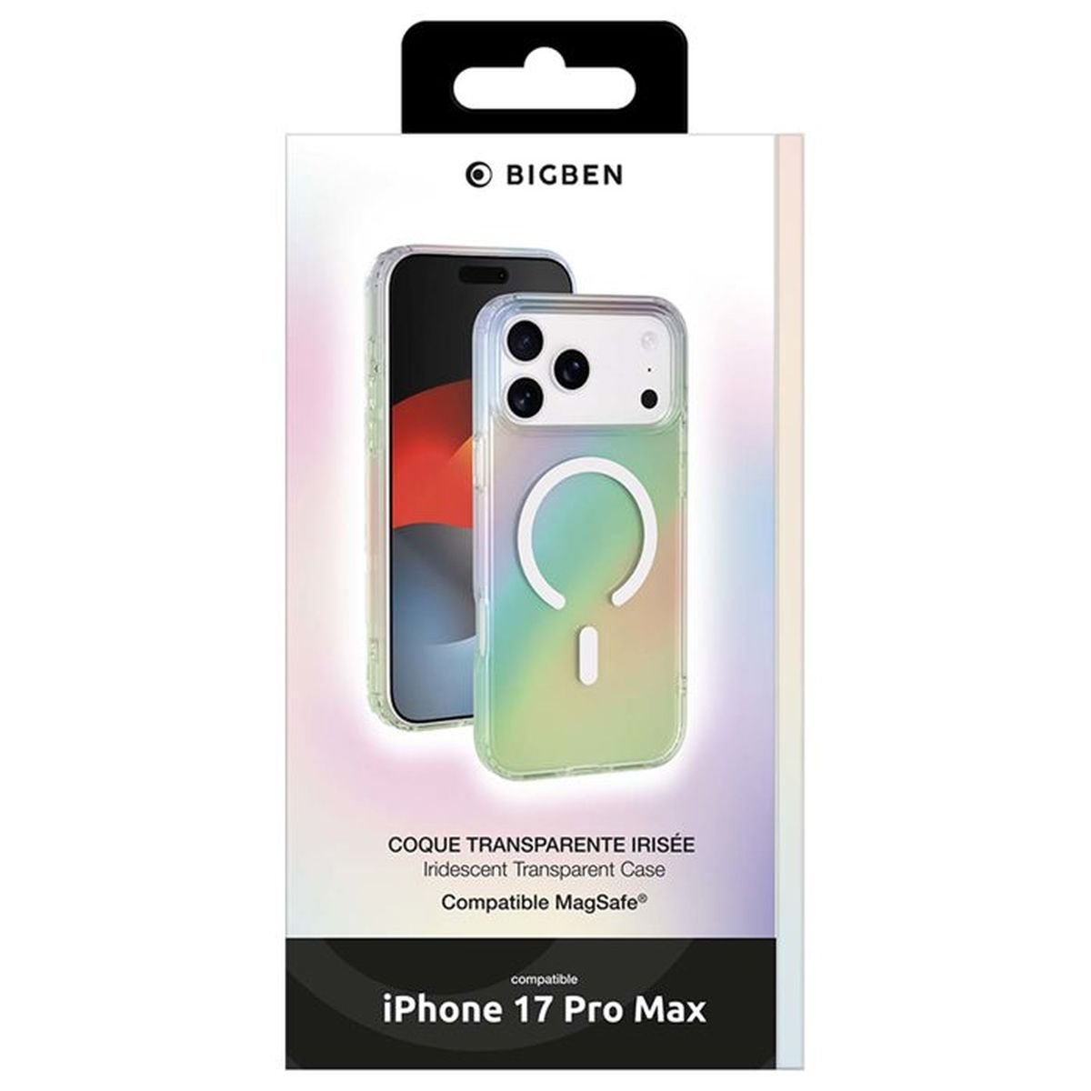 Confezione per una custodia trasparente iridescente iPhone 17 Pro Max MagSafe.
