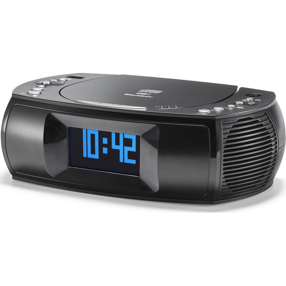 Schwarzes Radiowecker mit blauer Digitalanzeige 10:42, CD-Player oben.