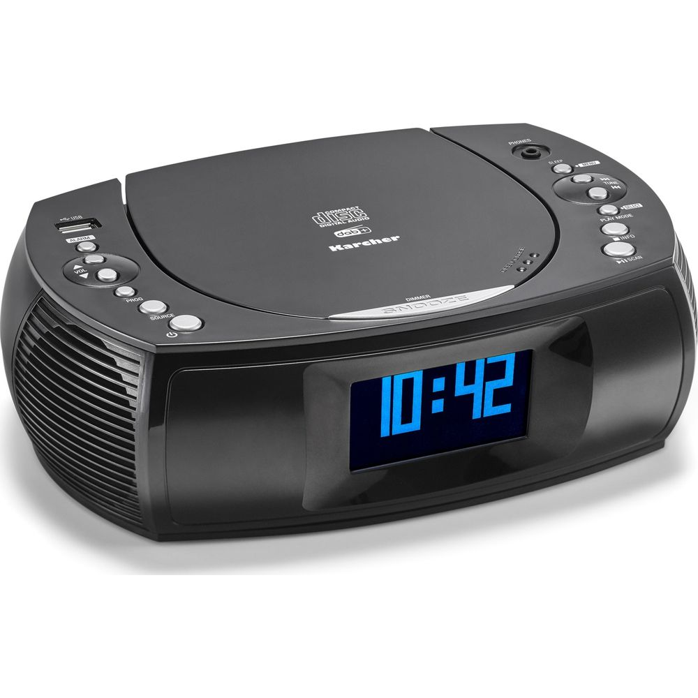 Schwarzer CD-Player mit Radiowecker und blauem Digitaldisplay, das 10:42 anzeigt.