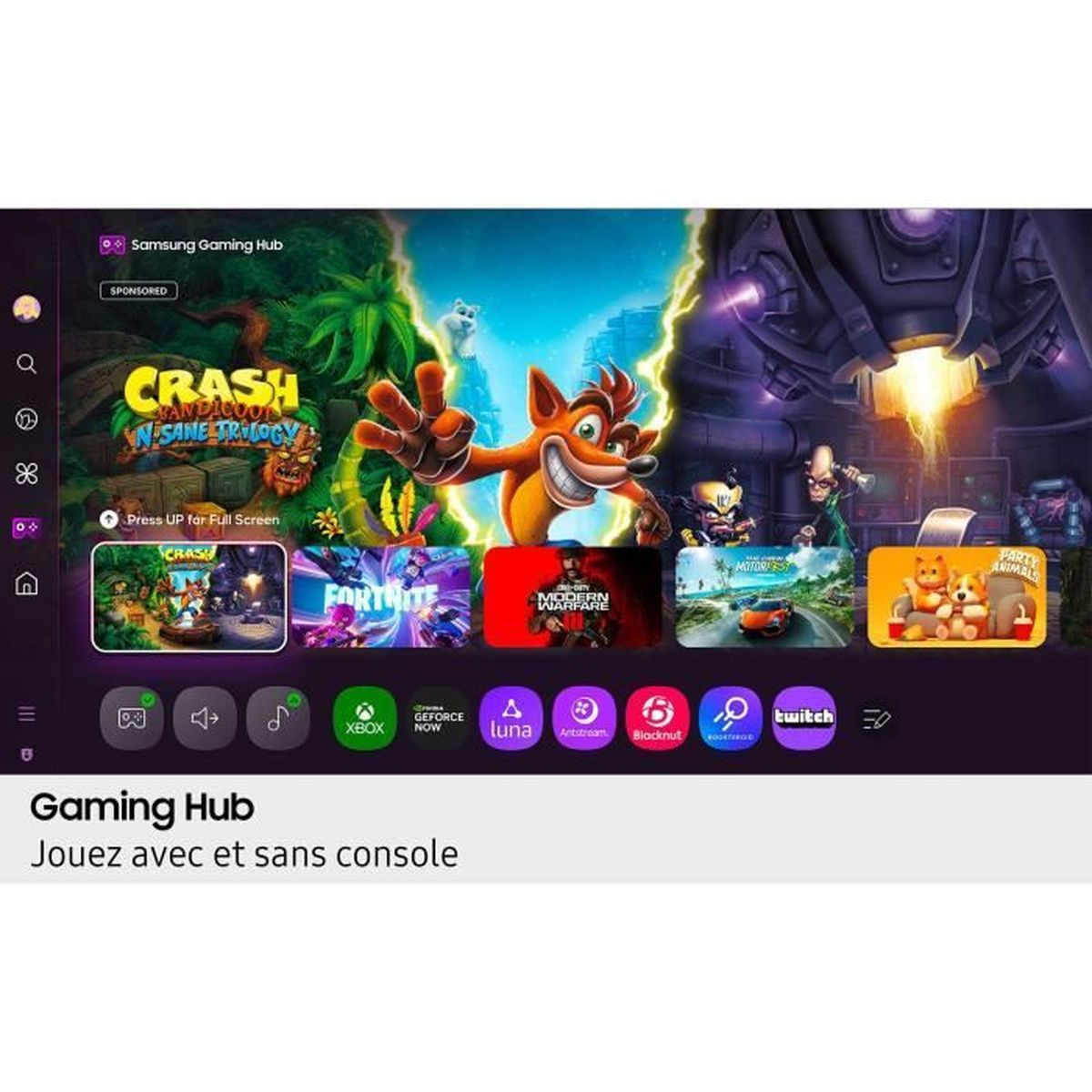 Samsung Gaming Hub wyświetla Crash Bandicoot, Fortnite i inne gry.