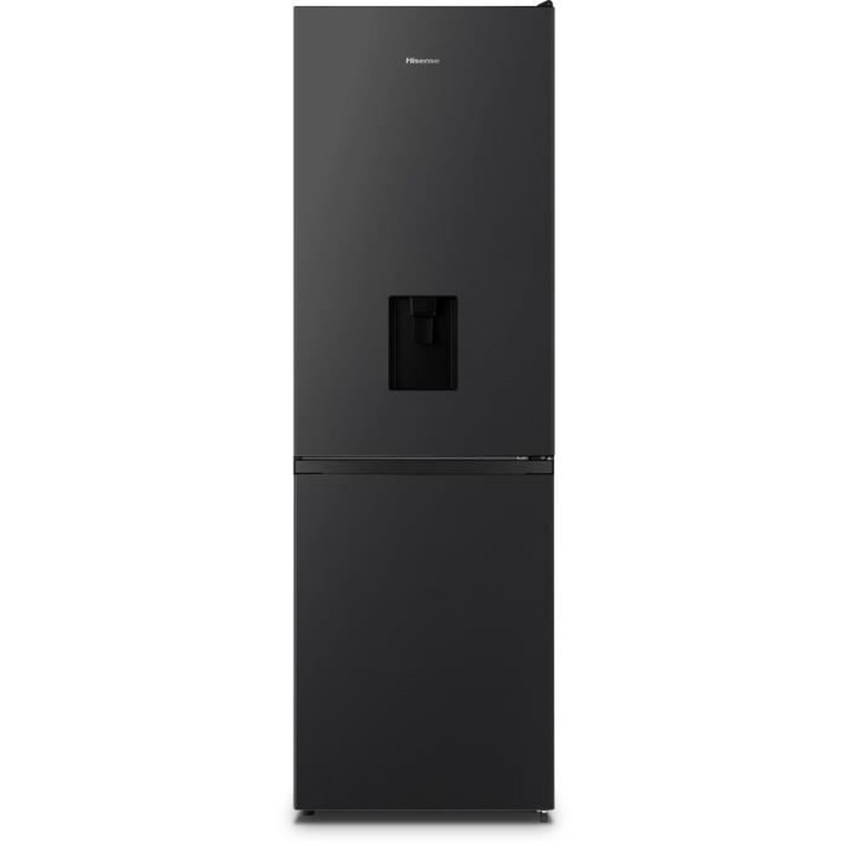 Ein schwarzer Hisense Kühlschrank mit Wasserspender an der Tür.