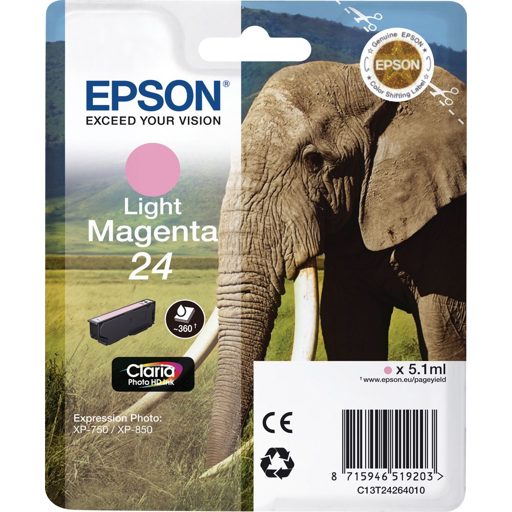 Epson Light Magenta 24 inktcartridge met olifantafbeelding.