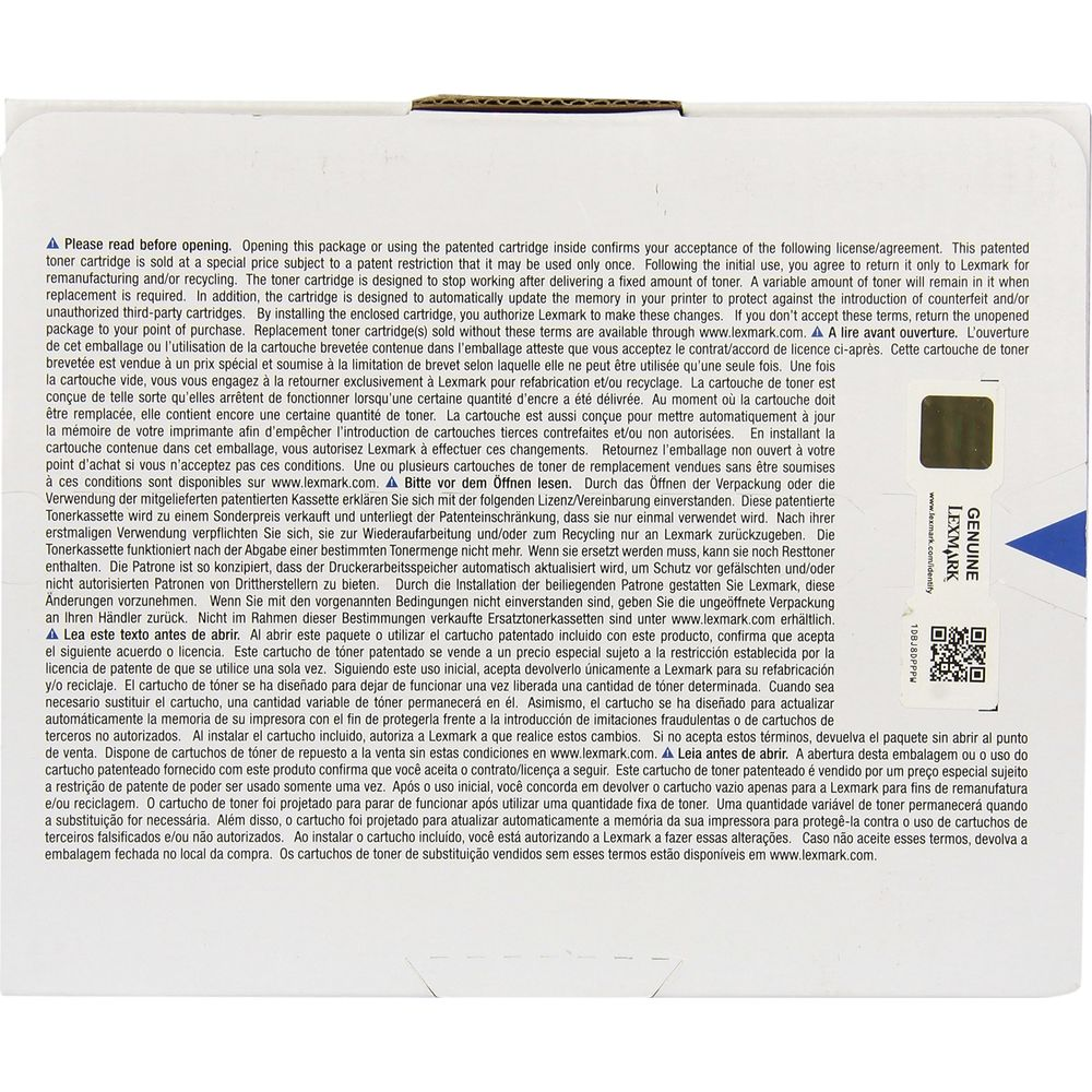 Ostrzeżenie: Opatentowany wkład z tonerem tylko do jednorazowego użytku. Zwrot do Lexmark.