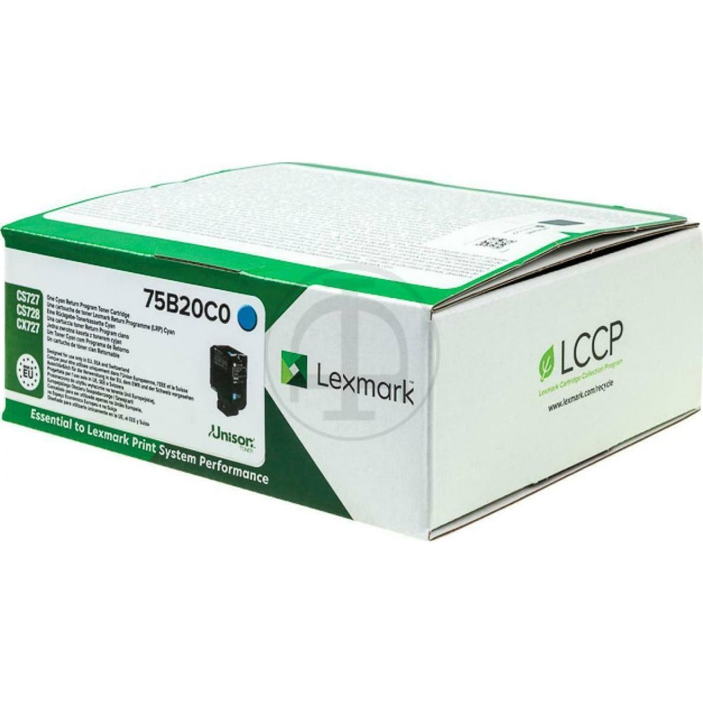 Toner Lexmark cyjan 75B20C0 w pudełku z logo i tekstem.
