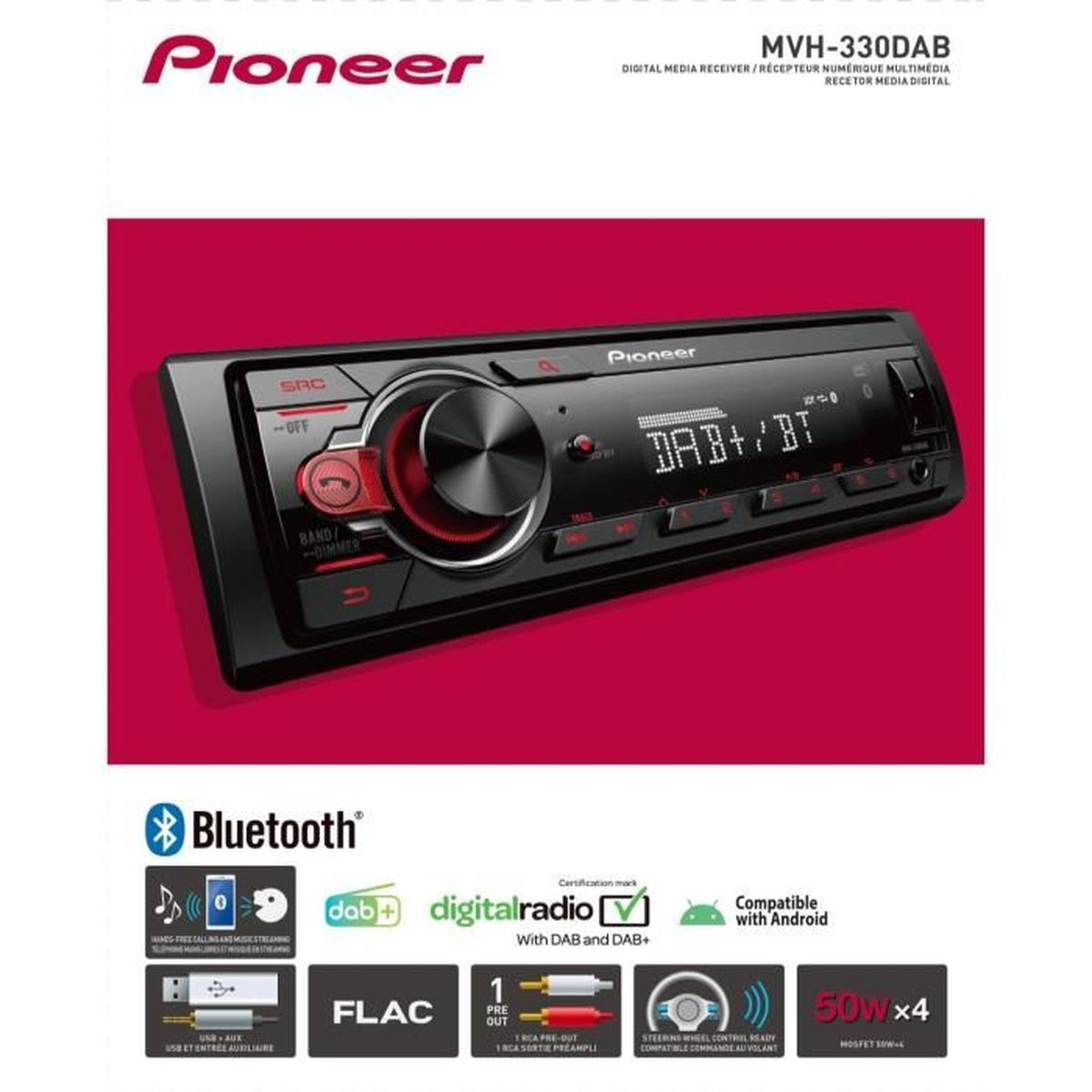 Pioneer MVH-330DAB Autoradio mit DAB+, Bluetooth und Android-Kompatibilität.