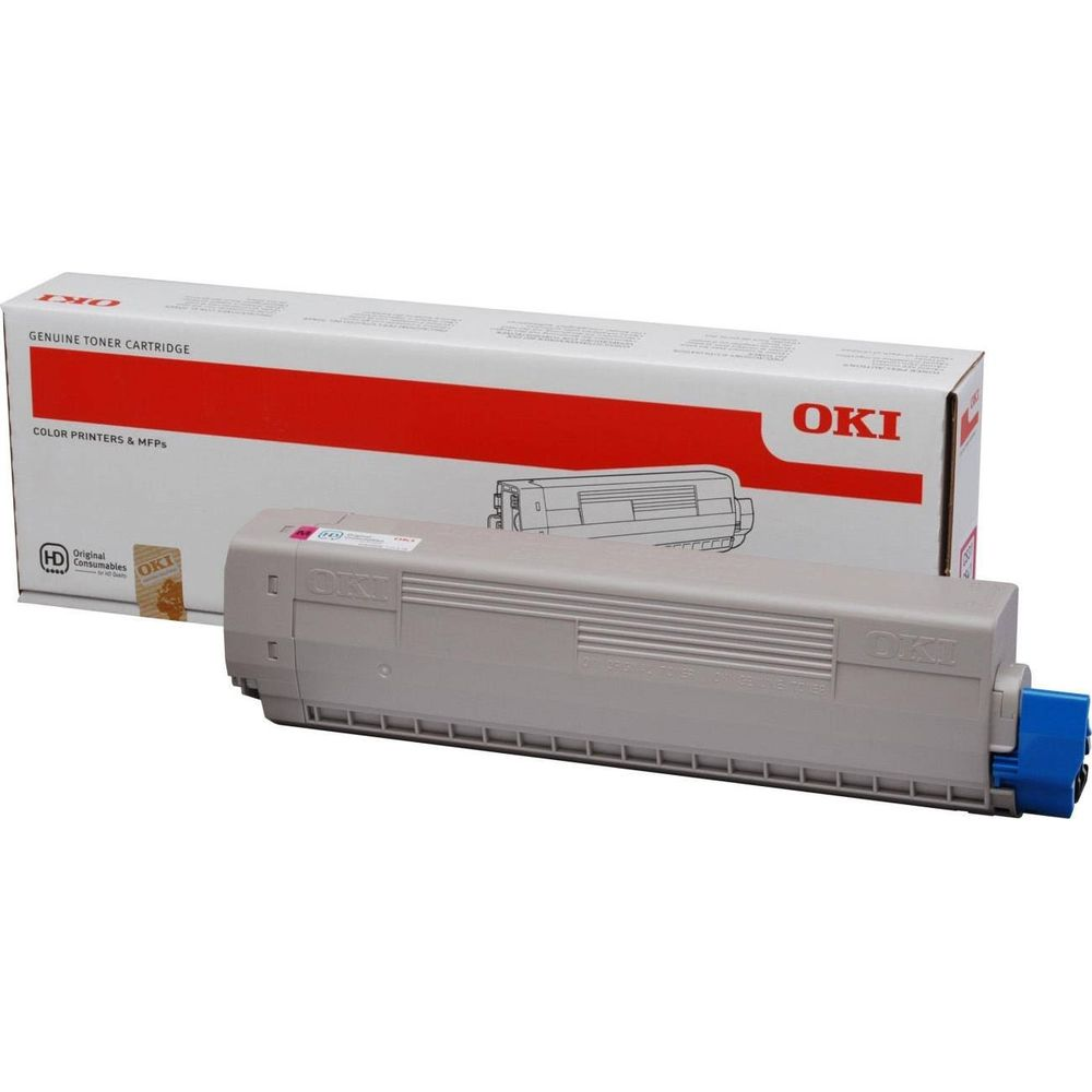 Grijze OKI toner cartridge met blauwe connector, naast de doos. Originele toner.
