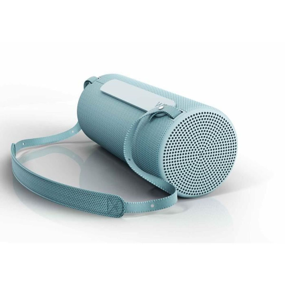Taşıma askılı turkuaz Bluetooth hoparlör beyaz yüzeyde duruyor.