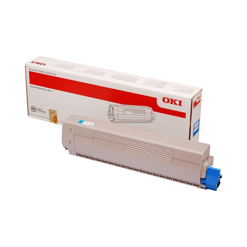 Beżowy toner OKI z niebieskim złączem przed białym pudełkiem z czerwonym paskiem.