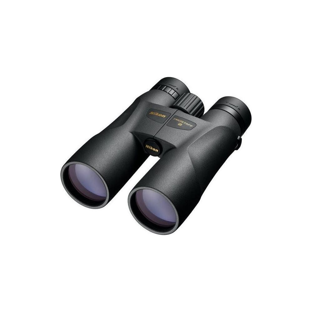 Binocolo Nikon nero con rotella di messa a fuoco e copriobiettivi.