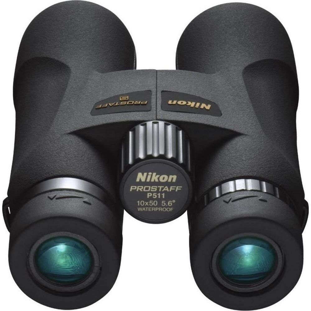 Binocolo Nikon nero con rotella di messa a fuoco e testo.