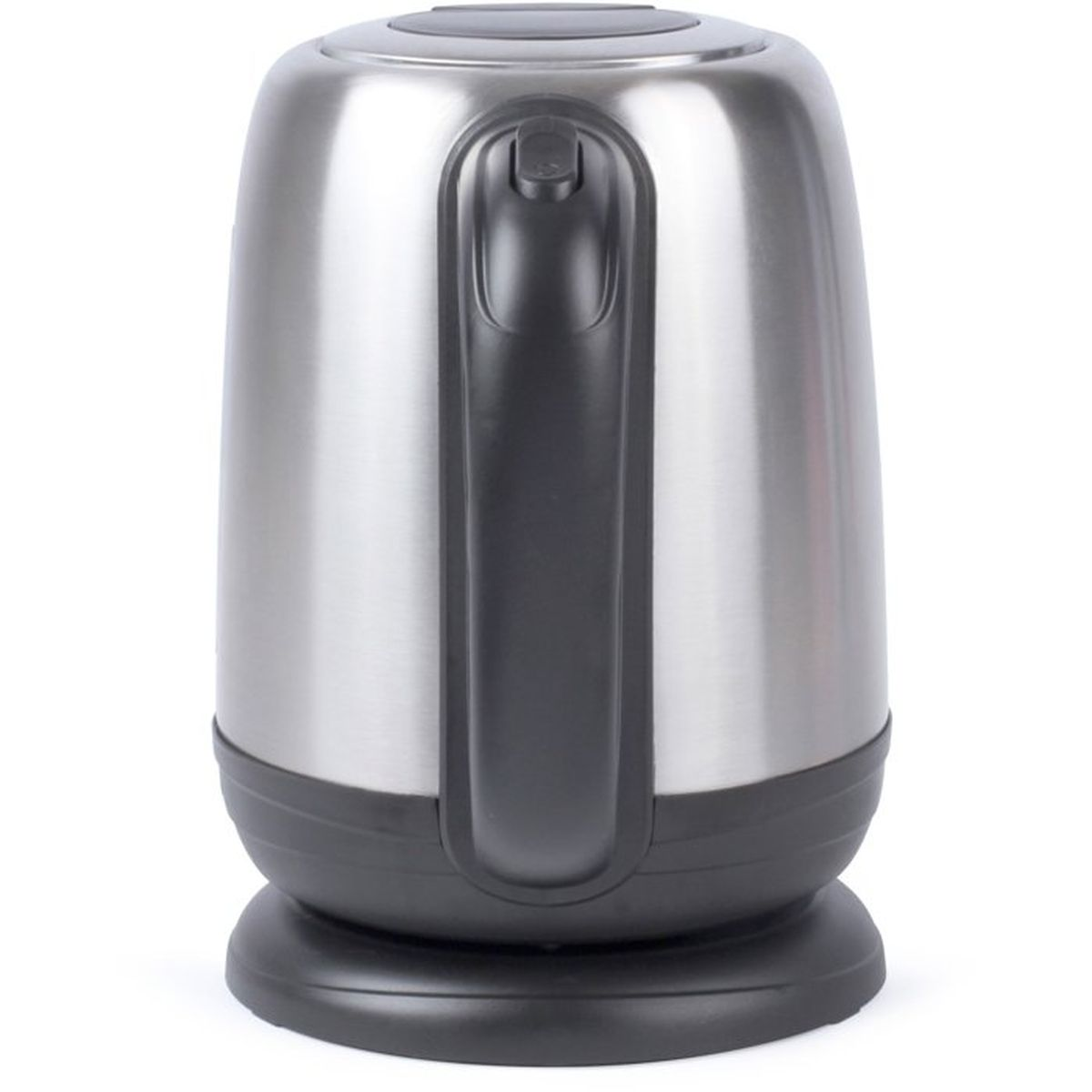 Un bollitore elettrico argento e nero con manico e coperchio su sfondo bianco.