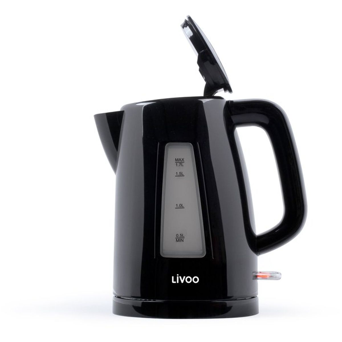 Czajnik elektryczny czarny z otwartą pokrywą i wskaźnikiem poziomu wody.