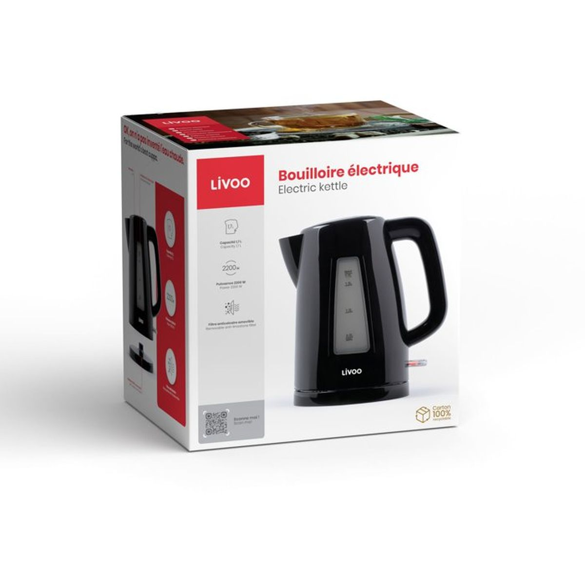 Czajnik elektryczny czarny na opakowaniu produktu z etykietami.