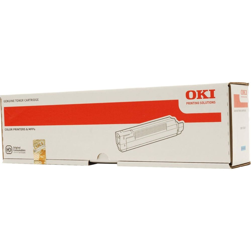 Scatola cartuccia toner OKI: Cartone bianco con striscia rossa e illustrazione cartuccia toner.