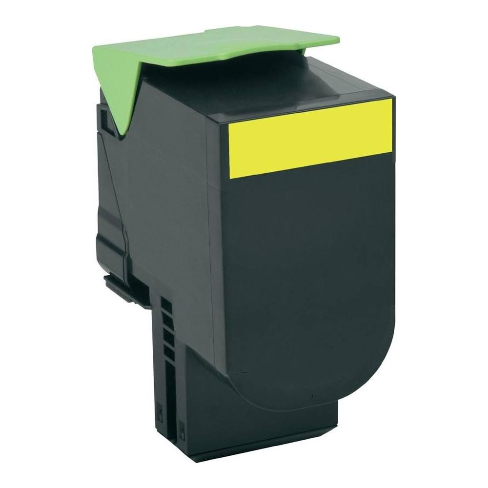 Een zwarte inktcartridge met een geel etiket en een groen deksel.