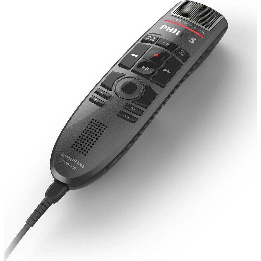 Un Philips SpeechMike Premium grigio con controlli e cavo.