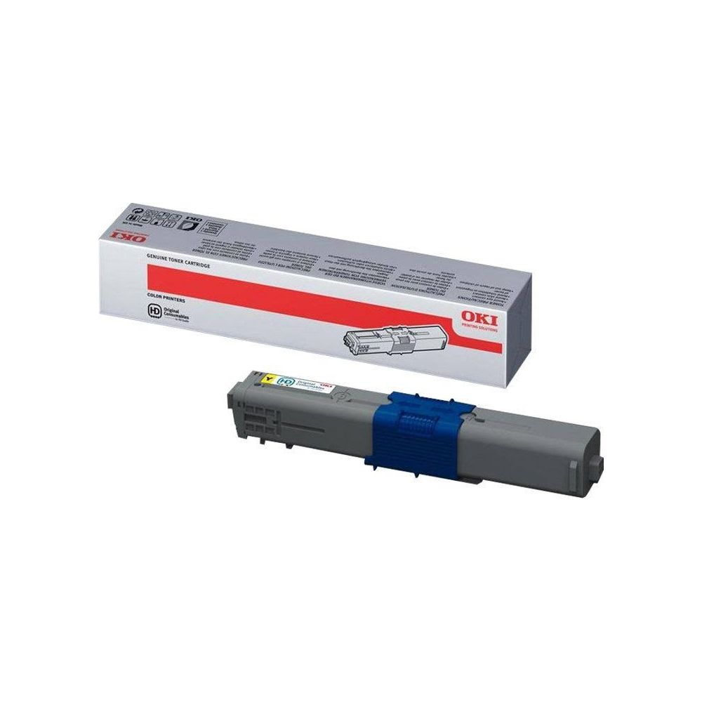 Szara kasetka z tonerem OKI z niebieskim klipsem obok pudełka.