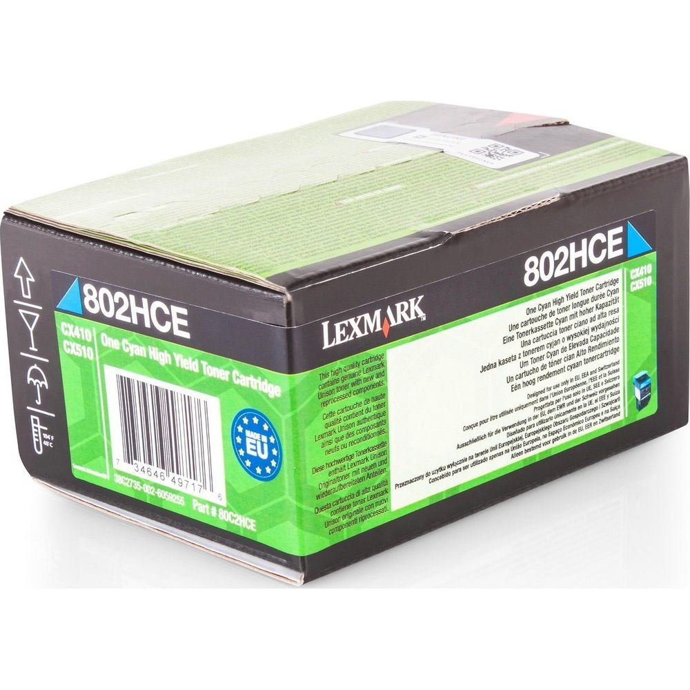 Lexmark 802HCE Cyan High Yield Toner Cartridge Box. EU & Zwitsers gebruik.