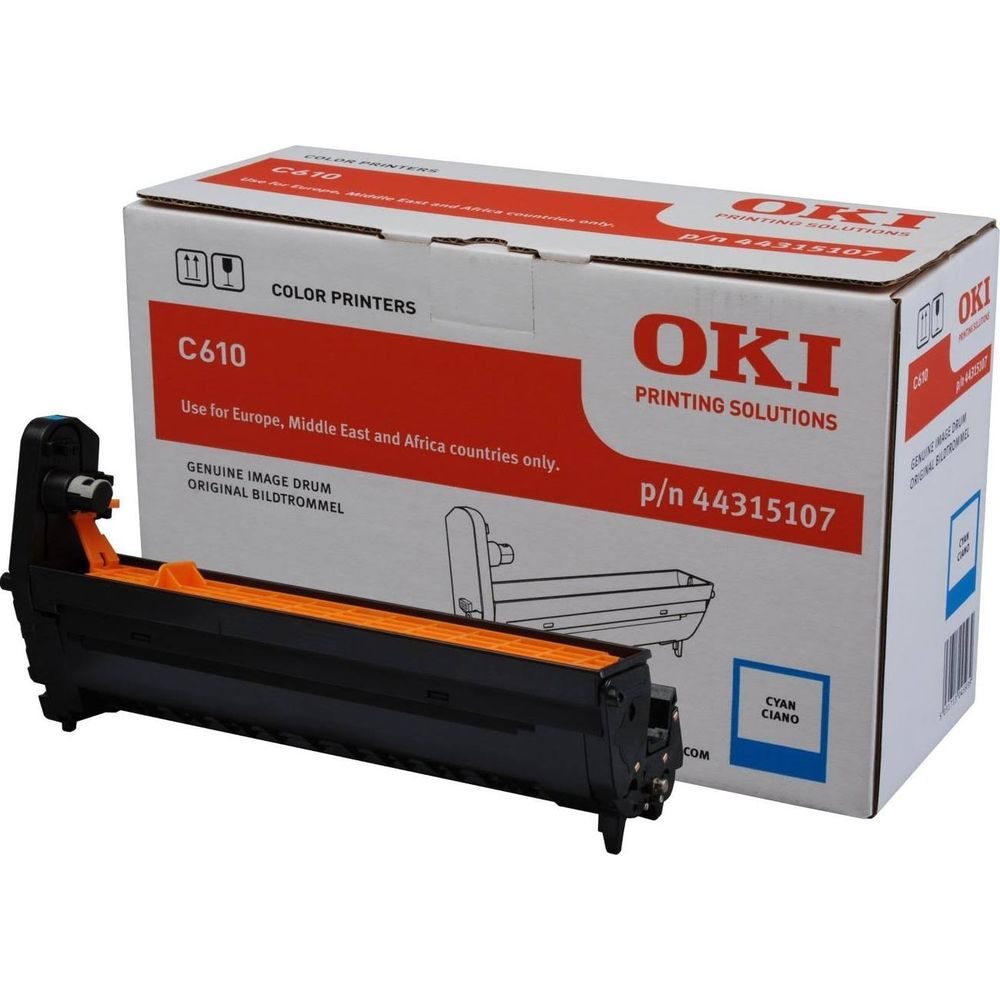 Ein OKI C610 Cyan Bildtrommel mit Verpackung. Details auf der Box.
