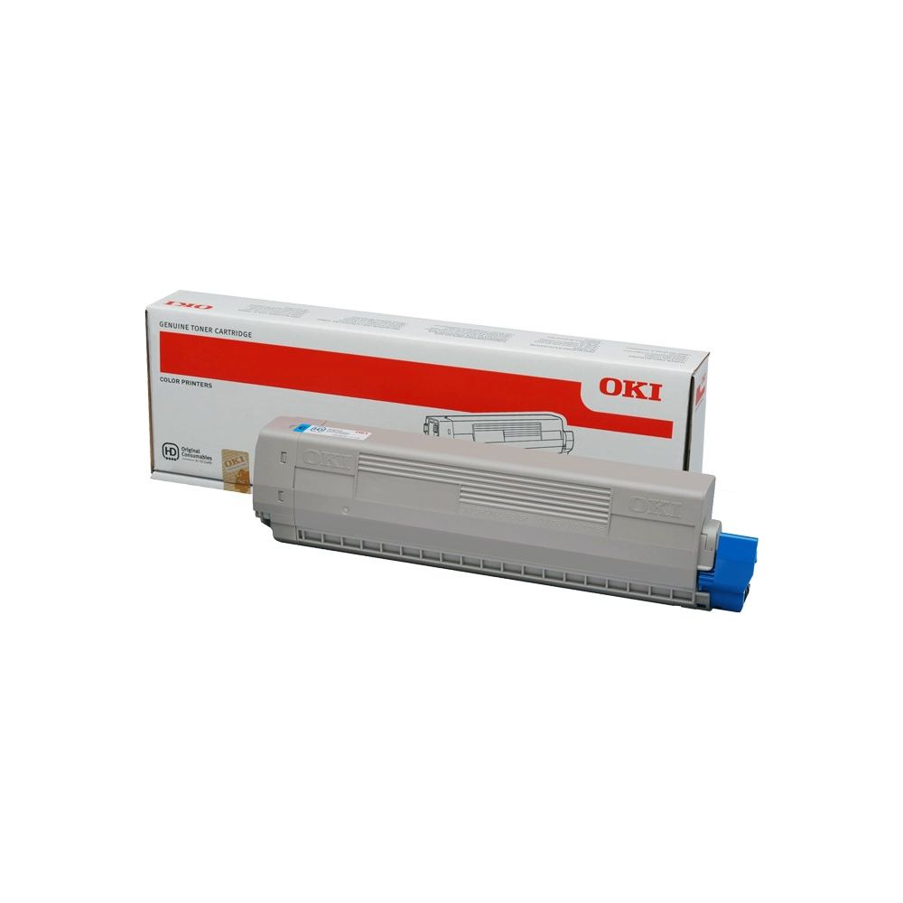 Grijze OKI toner cartridge met blauwe connector naast de doos.