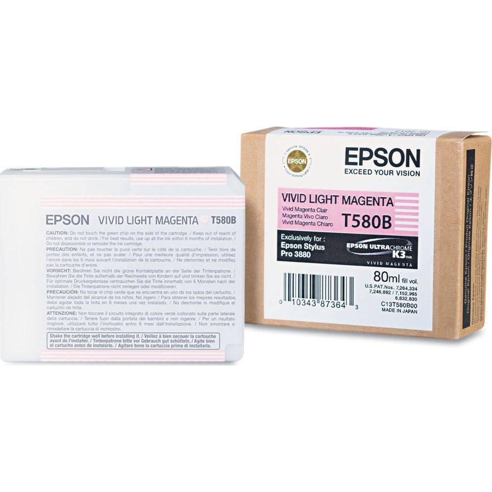 Encre Epson T580B Vivid Light Magenta. Une cartouche et une boîte sont visibles.
