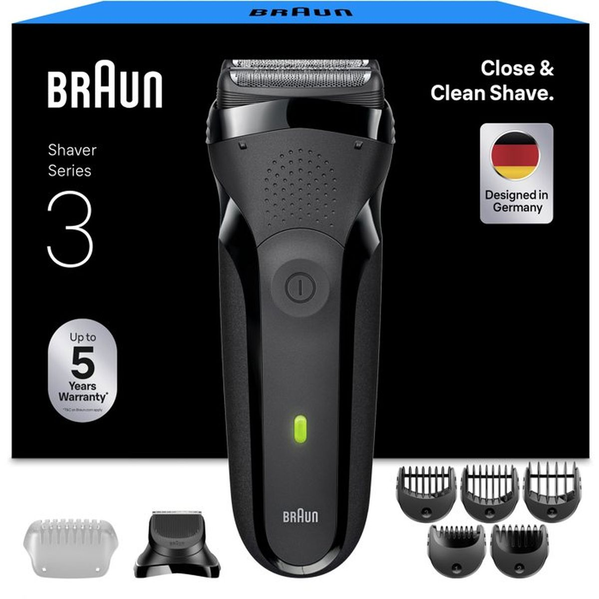 Aksesuar ve garanti bilgileri olan siyah Braun Series 3 tıraş makinesi.