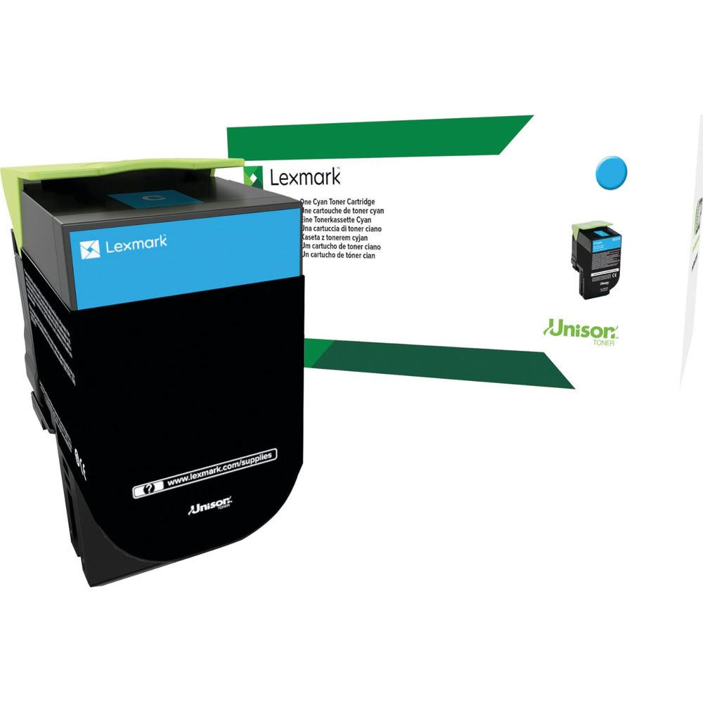 Lexmark cyan toner cartridge in doos met Lexmark logo.