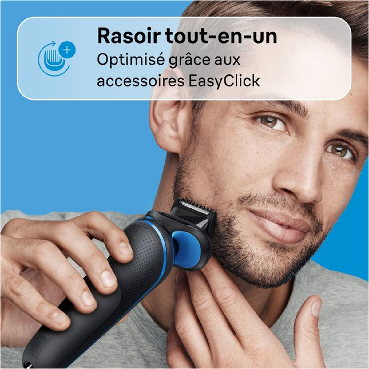 Ein Mann rasiert sich mit einem schwarzen und blauen Elektrorasierer.