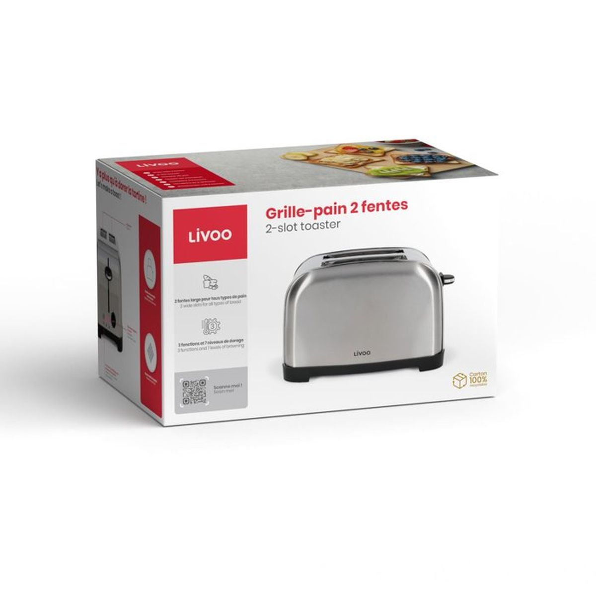 Edelstahl-Toaster mit 2 Schlitzen und Bedienungsanleitung auf Französisch.