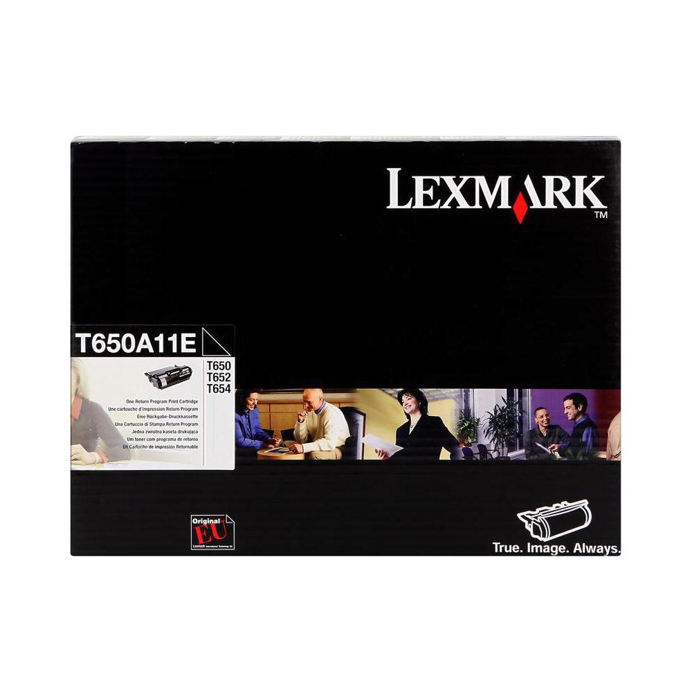 Cartuccia stampante Lexmark T650A11E su confezione nera con scena d'ufficio.