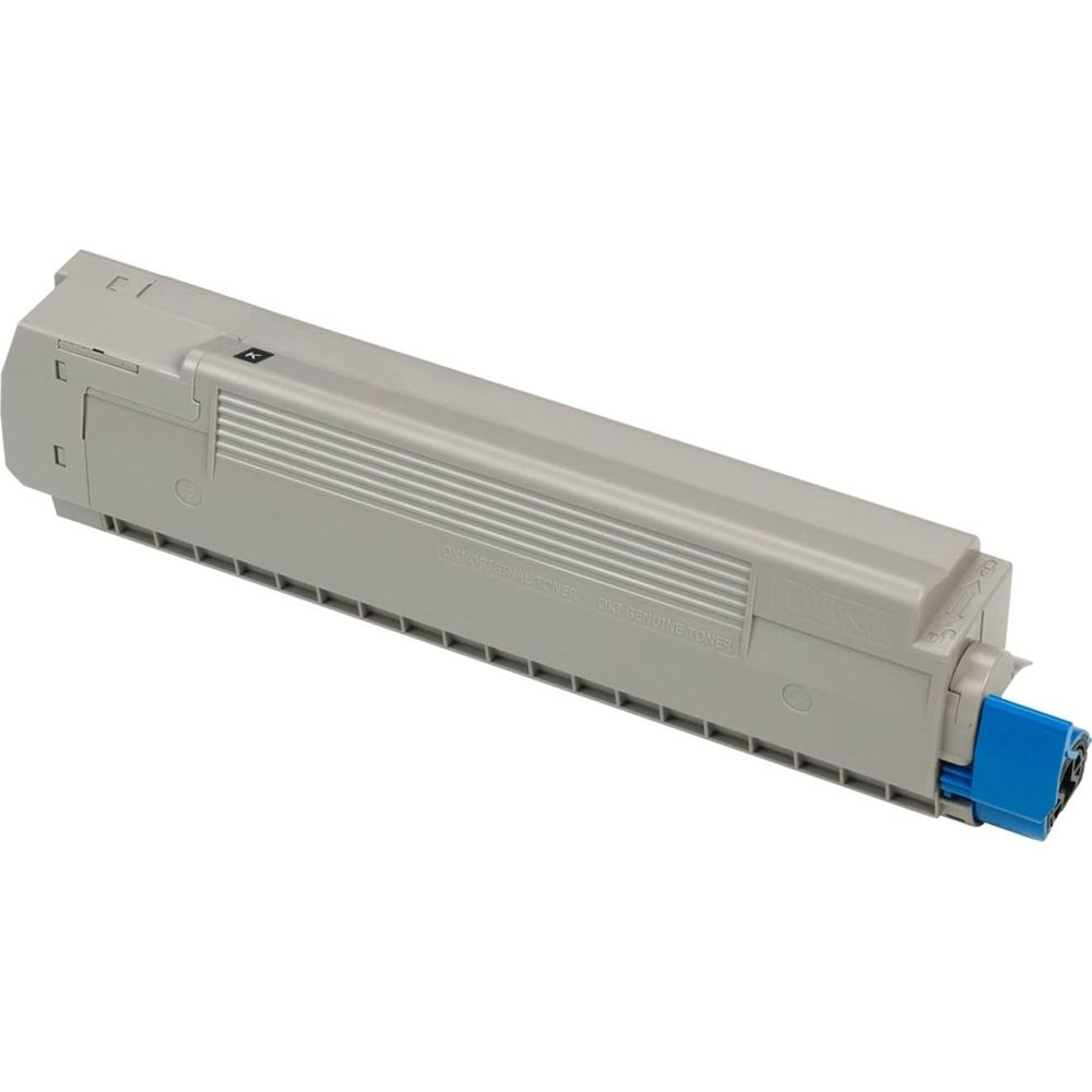 Grijze toner cartridge met blauwe connector, op witte achtergrond.