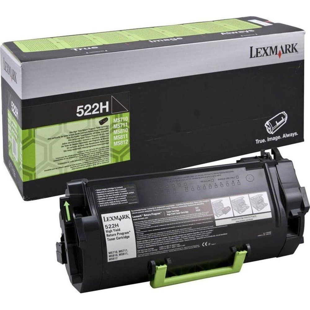 Lexmark 522H tonercartridge met doos, zwart met groene accenten.