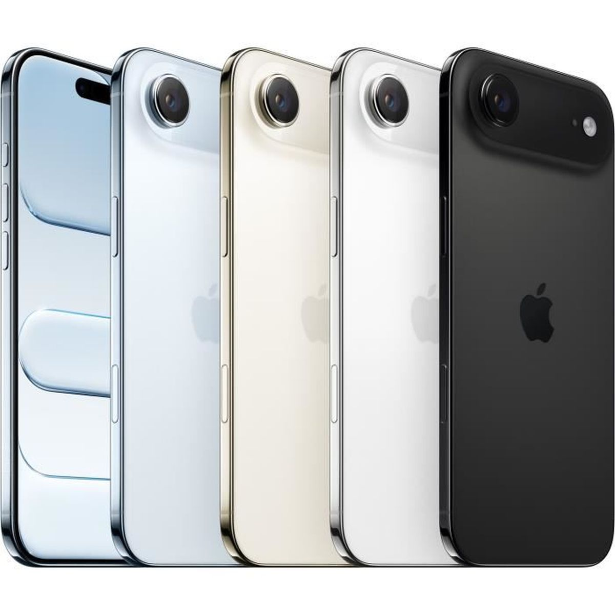 Pięć iPhone'ów w kolorach niebieskim, białym, złotym, białym i czarnym.