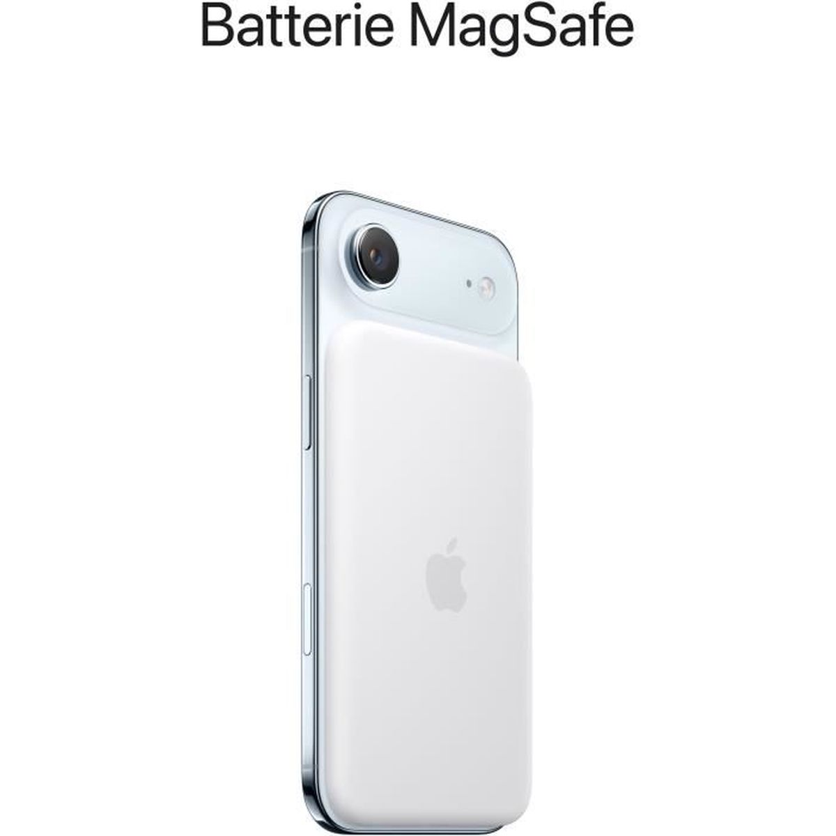 Biała bateria MagSafe jest przymocowana do tyłu srebrnego iPhone'a.