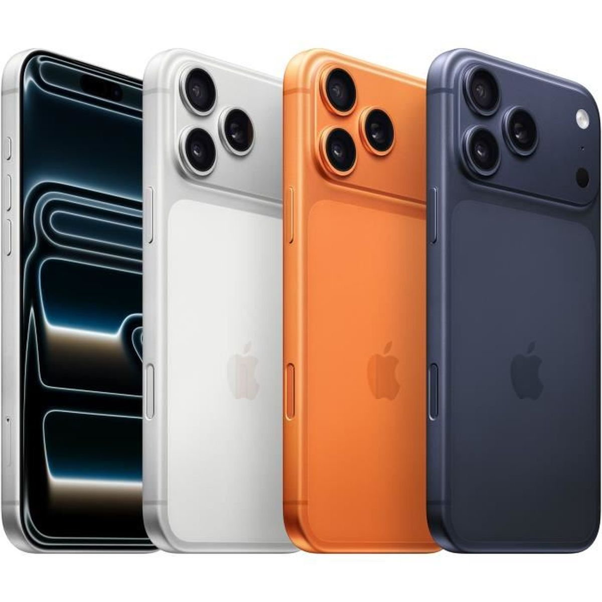 Cztery iPhone obok siebie: srebrny, biały, pomarańczowy i granatowy.