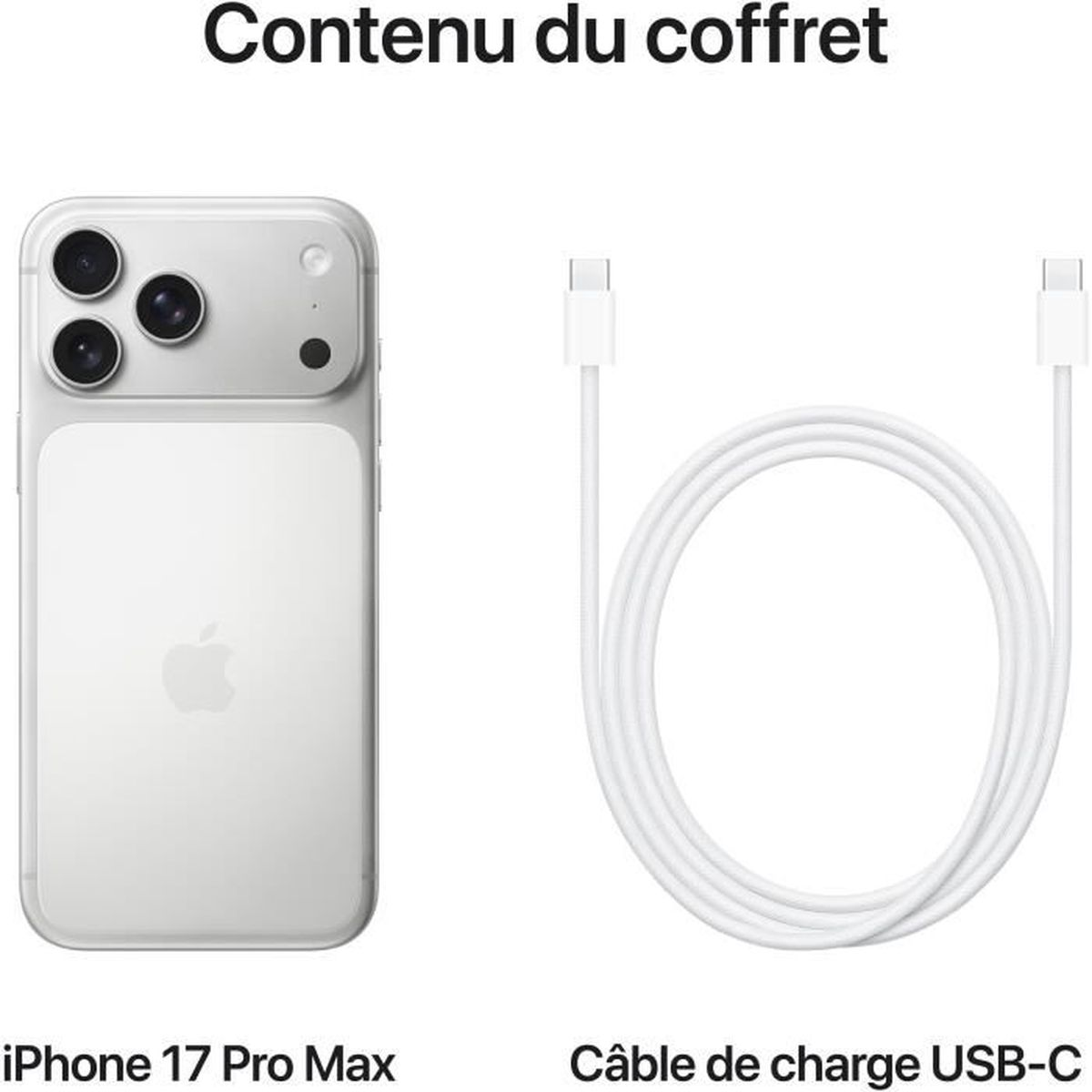 Biały iPhone 17 Pro Max i biały kabel ładujący USB-C.