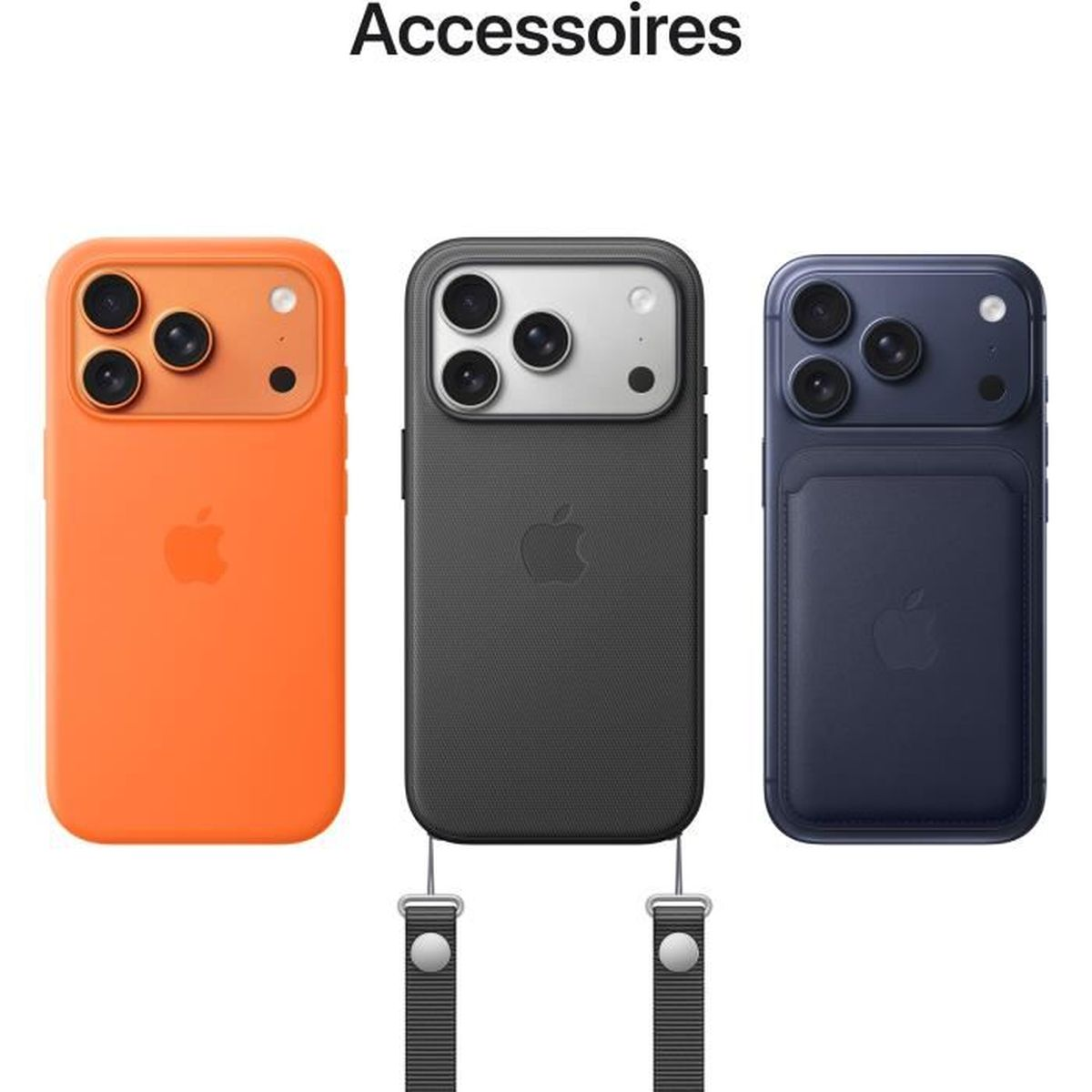 Trzy etui na telefon: pomarańczowe, szare i granatowe, z logo Apple.
