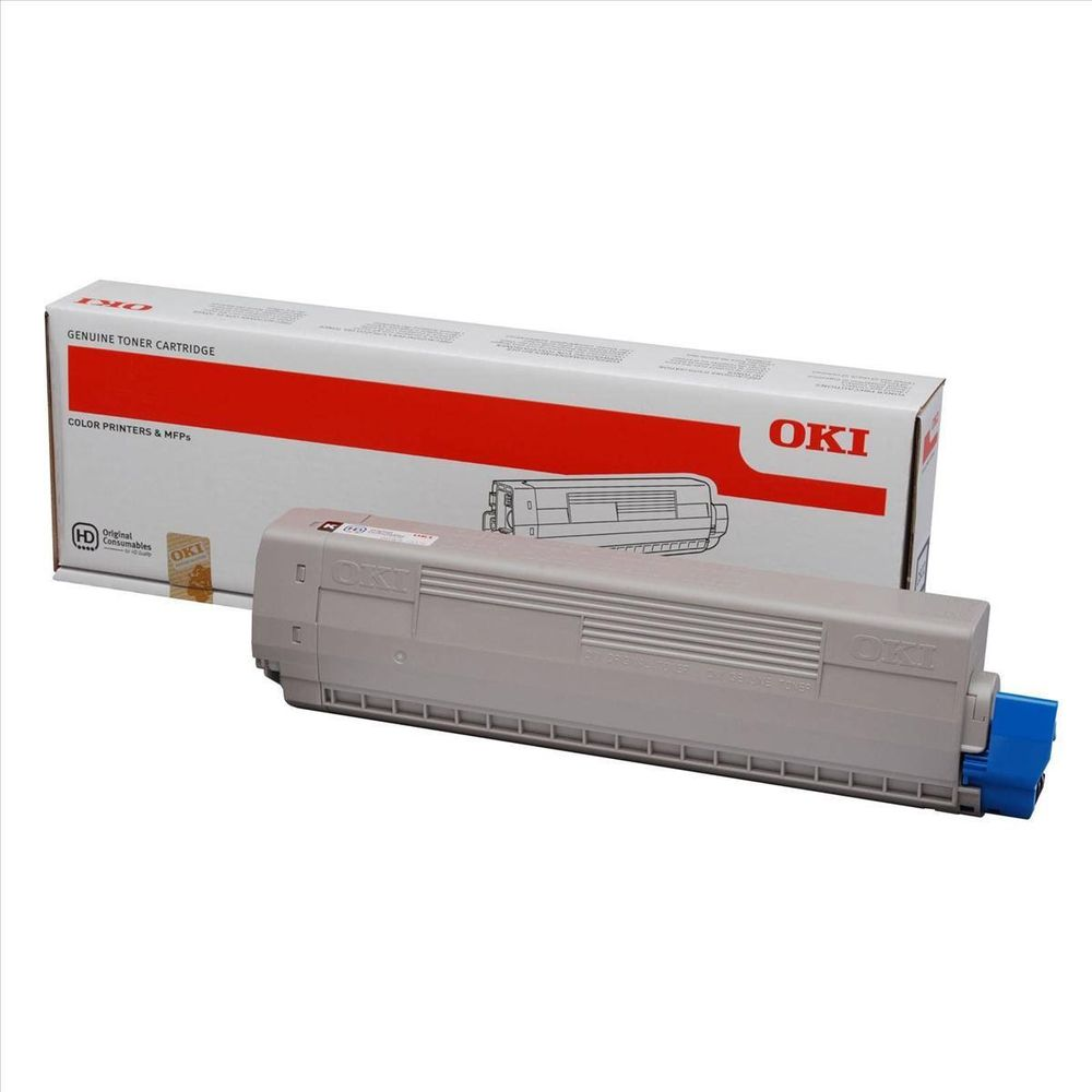 Grijze OKI-tonercartridge met blauwe connector naast een OKI-doos.