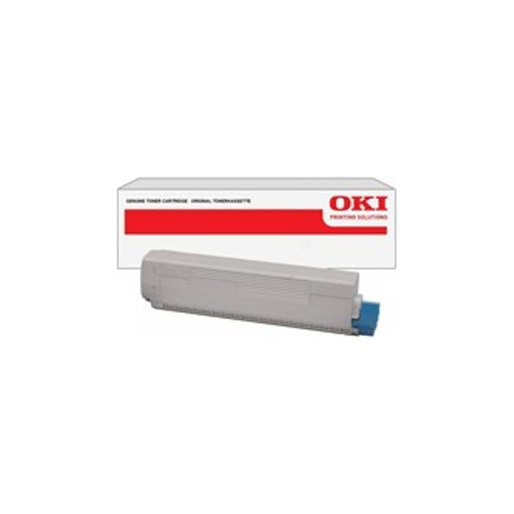 Grijze OKI tonercartridge met blauw uiteinde en verpakking.