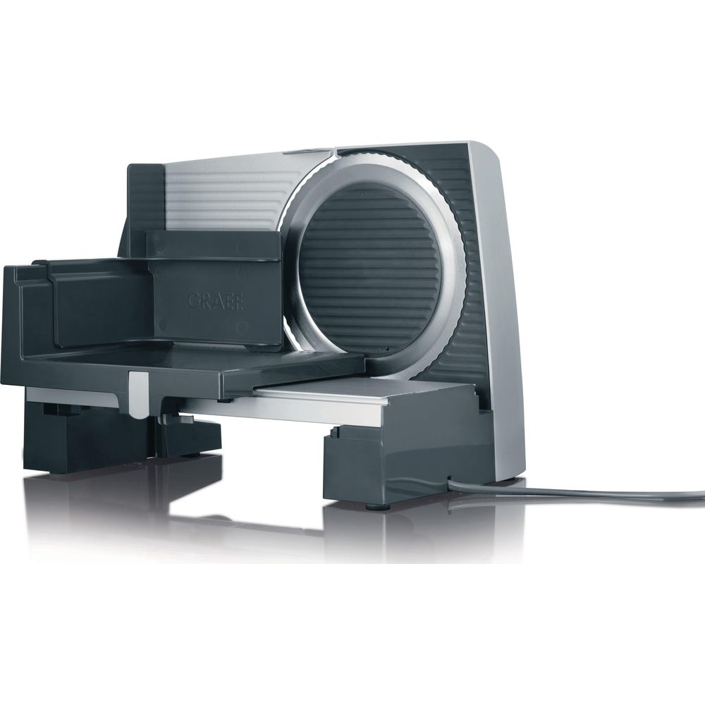 Szlifierka elektryczna Graef ze srebrną osłoną ostrza i szarym wózkiem.