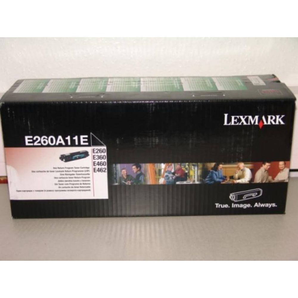 Lexmark Druckerpatrone E260A11E in schwarzer Box mit Firmenlogo und Bildern von Menschen.