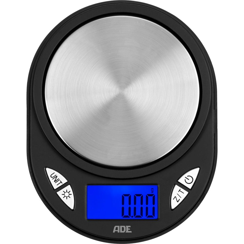 Bilancia digitale nera con superficie in acciaio inox e display LCD blu.