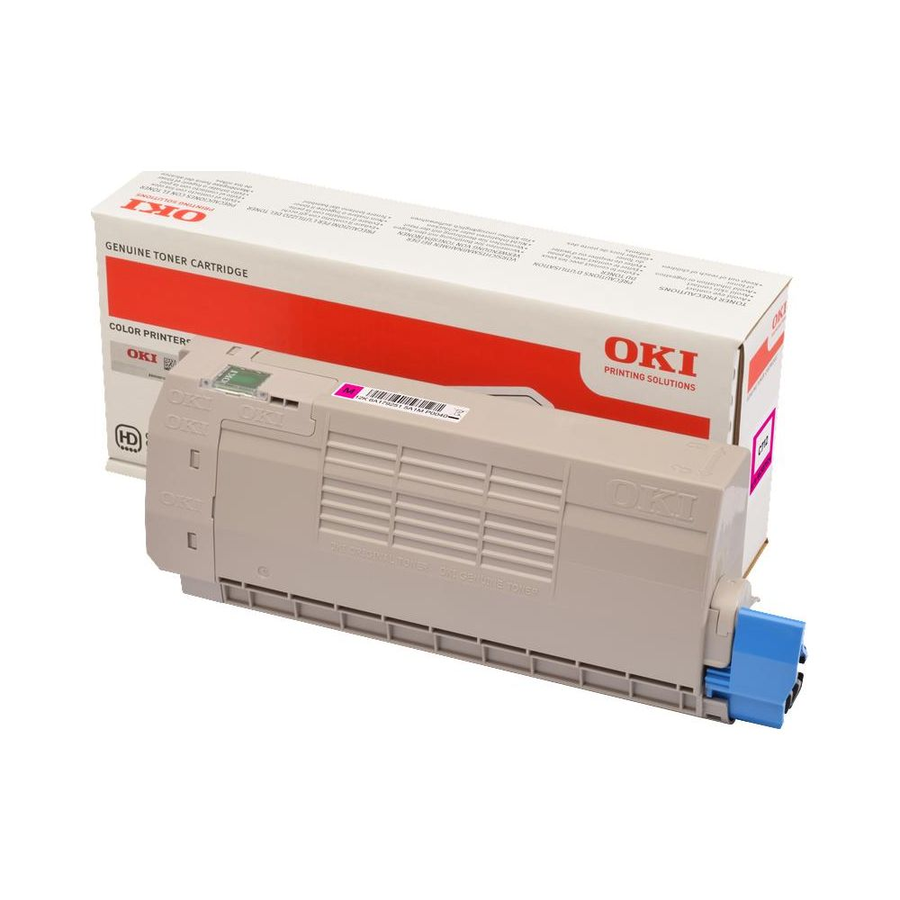 Een roze OKI kleurenprinter toner cartridge staat naast de doos.
