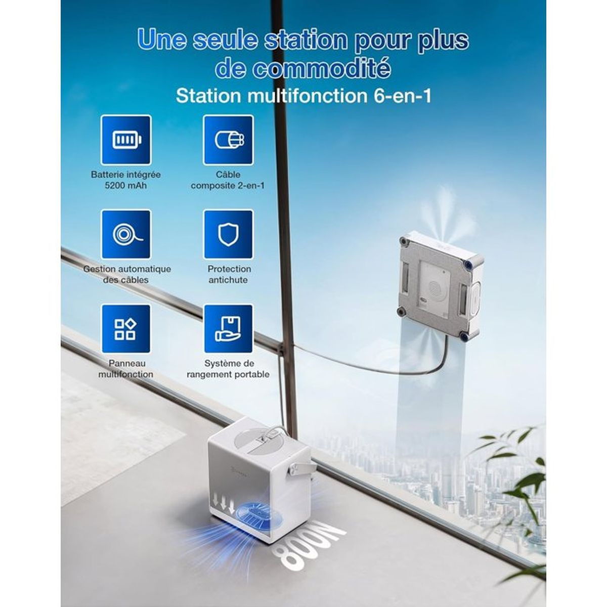 Wielofunkcyjna stacja 6 w 1 z wbudowaną baterią i zarządzaniem kablami.