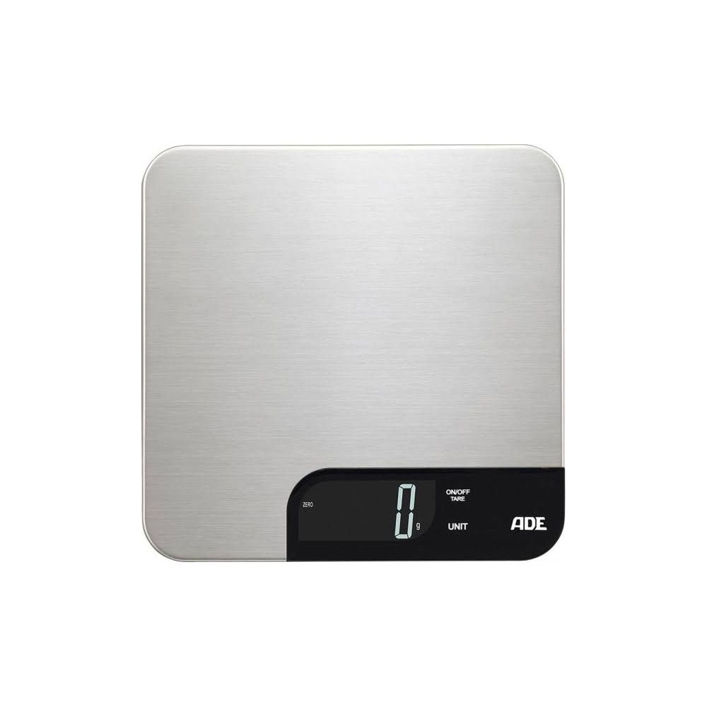 Una bilancia da cucina digitale argentata con display nero che mostra 0.