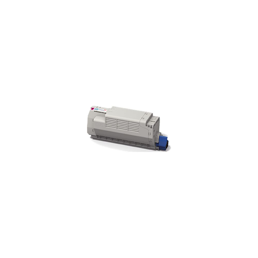 Grijze toner cartridge met blauwe connector en kleurmarkeringen.