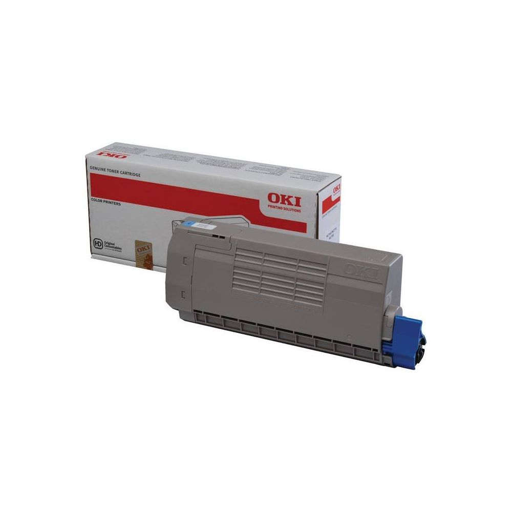 Grijze OKI toner cartridge en doos voor kleurenprinters.