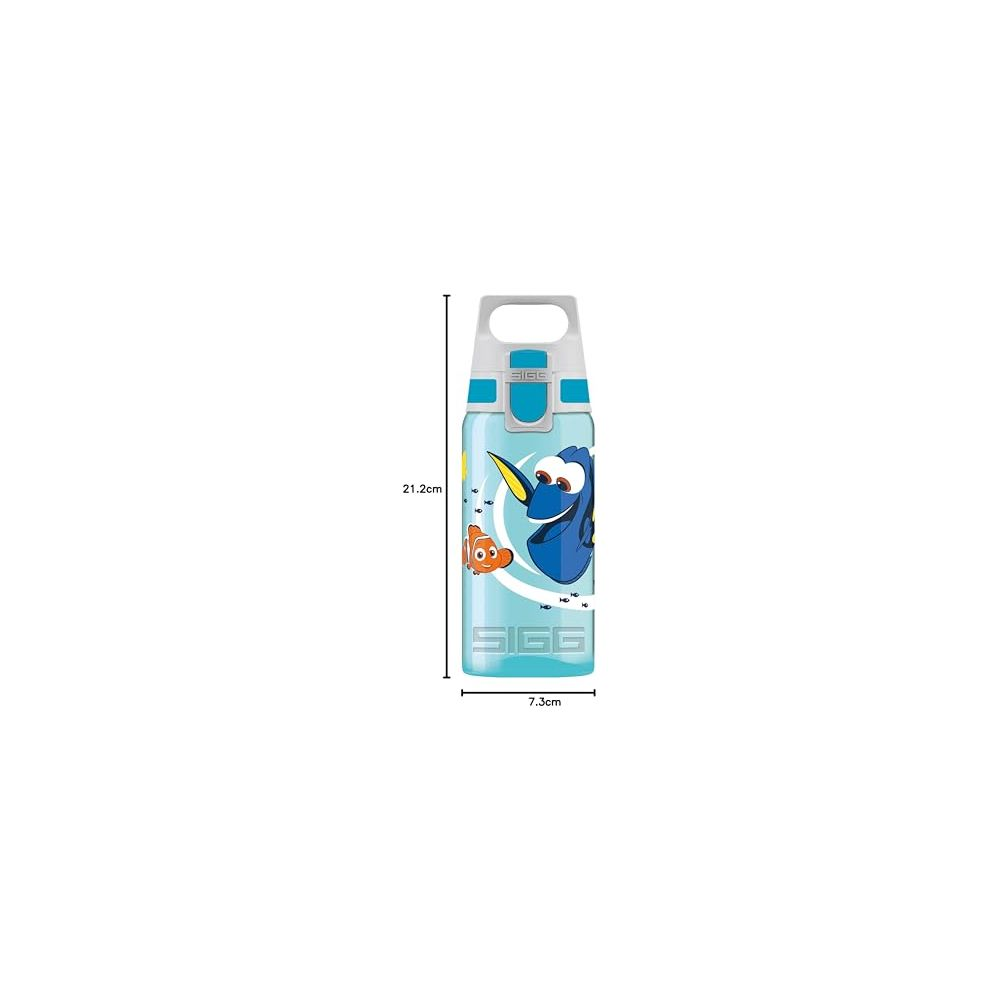 Eine blaue SIGG-Flasche mit Dory und Nemo-Charakteren, 21,2 cm hoch.
